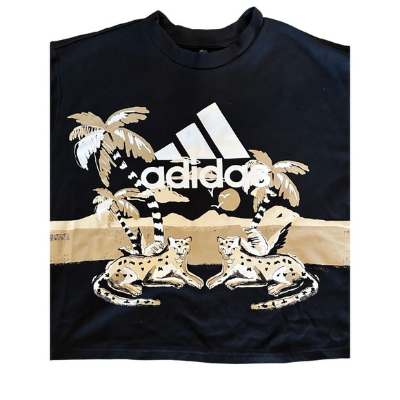 Adidas x Farm Rio Cheetah Graphic Cropped Crewneck Sweatshirt XL Black Tan - Picture 3 of 4